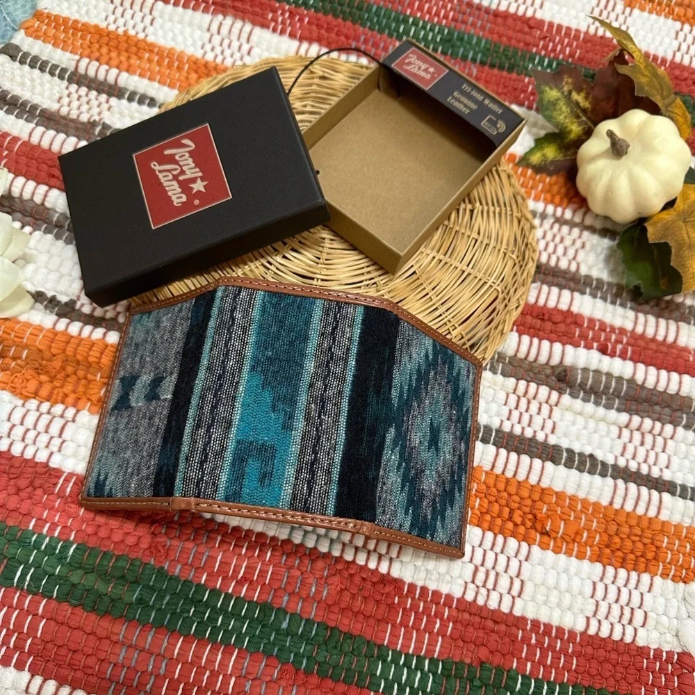 New Tony Lama Tri-Fold Wallet RFID Blue Aztec Canvas Leather Cowboy Western